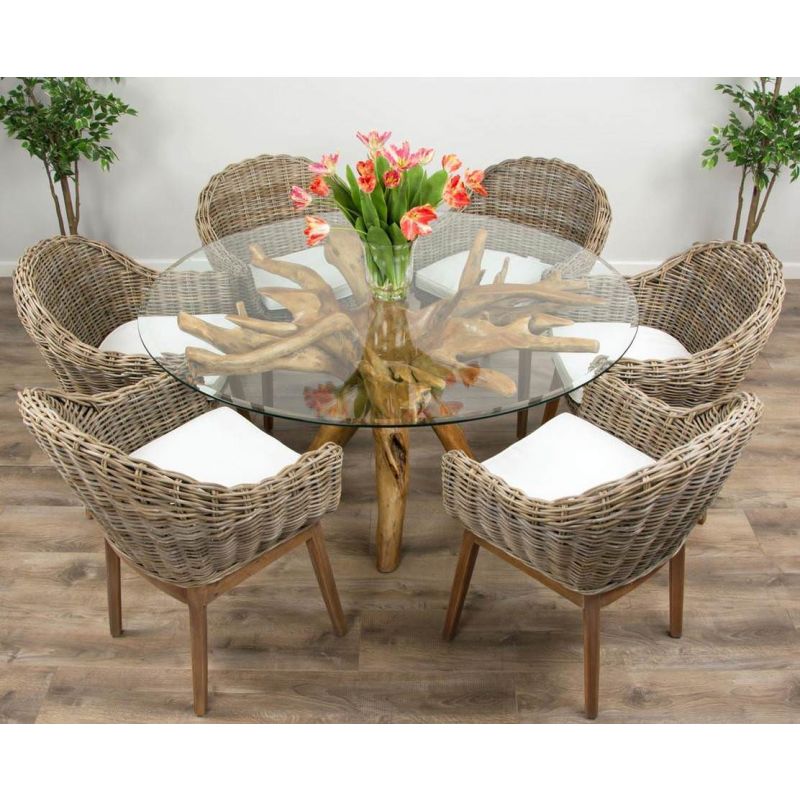 1.5m Reclaimed Teak Root Circular Dining Table with 6 Scandi Armchairs