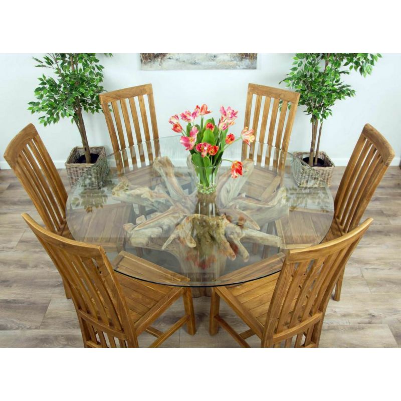 1.5m Reclaimed Teak Flute Root Circular Dining Table with 6 Santos Chairs