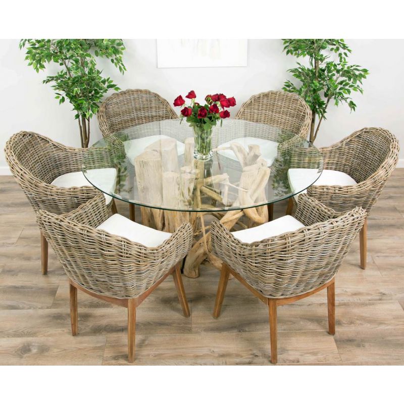 1.5m Java Root Circular Dining Table with 6 Scandi Armchairs 