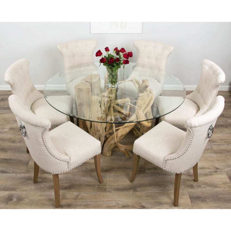 1.5m Java Root Circular Dining Table with 6 Natural Windsor Ring Back Dining Chairs