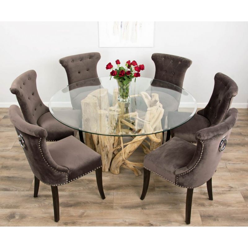 1.5m Java Root Dining Table with 6 Velveteen Ring Back Dining Chairs