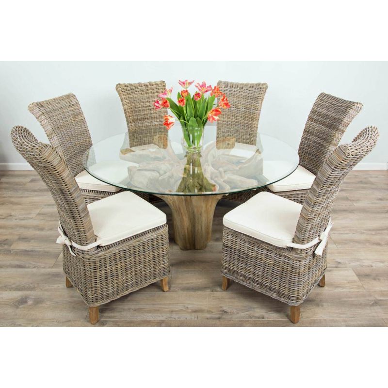 1.5m Reclaimed Teak Flute Root Circular Dining Table with 6 Latifa Chairs