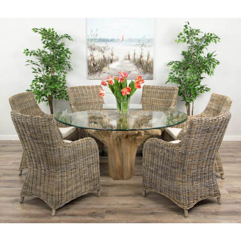 1.5m Reclaimed Teak Flute Root Circular Dining Table with 6 Donna Armchairs