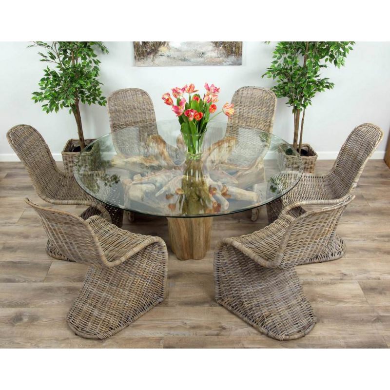 1.5m Reclaimed Teak Flute Root Circular Dining Table with 6 Stackable Zorro Chairs