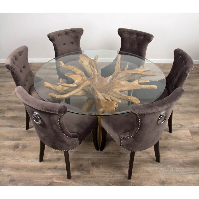 1.5m Reclaimed Teak Root Circular Dining Table with 6 Velveteen Ring Back Dining Chairs