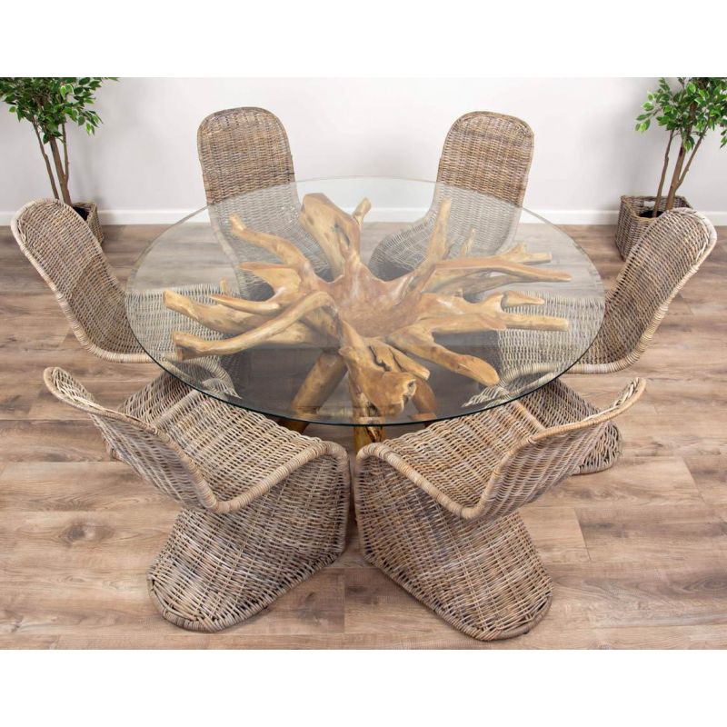 1.5m Reclaimed Teak Root Circular Dining Table with 6 Stackable Zorro Chairs 