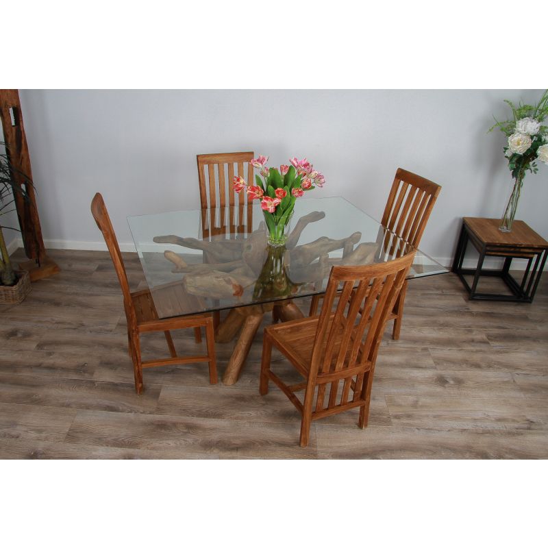 1.5m x 1.2m Reclaimed Teak Root Rectangular Dining Table with 4 Santos Chairs 