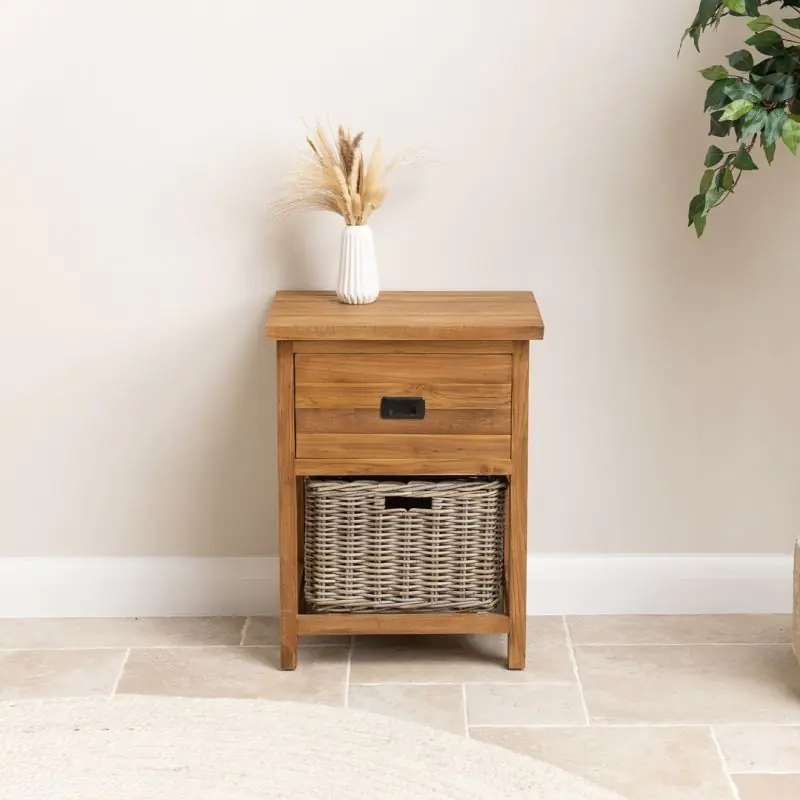 Reclaimed Teak Storage Unit with 1 Drawer and 1 Wicker Basket - Rectangular Reclaimed Teak Storage Unit with 1 Drawer and 1 Wicker Basket - Rectangular