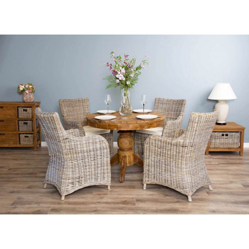 1m Reclaimed Teak Circular Pedestal Dining Table with 4 Donna Armchairs 
