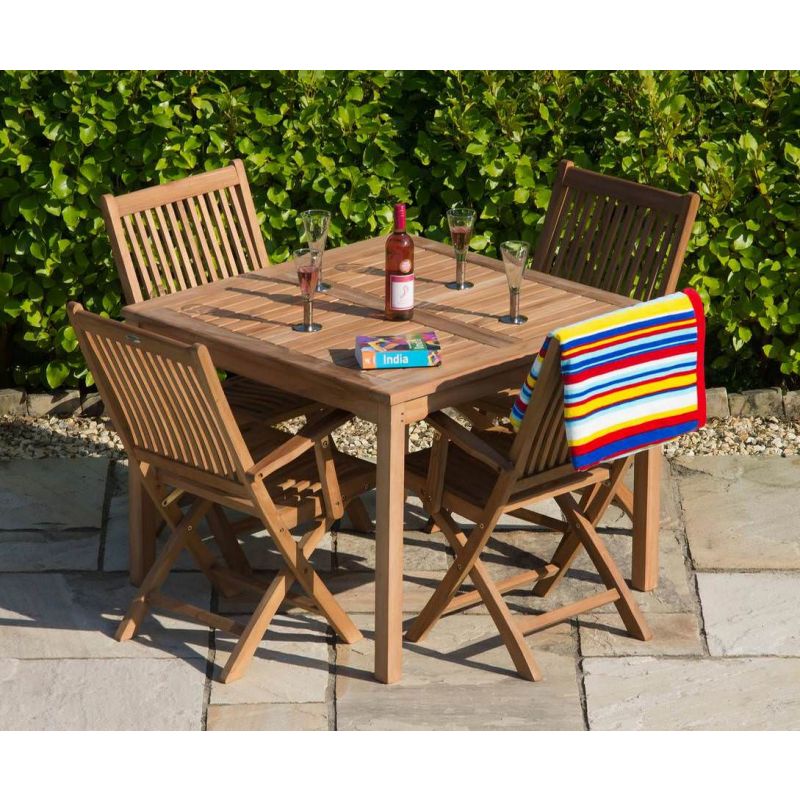 1m Teak Square Fixed Table with 4 Kiffa Folding Armchairs