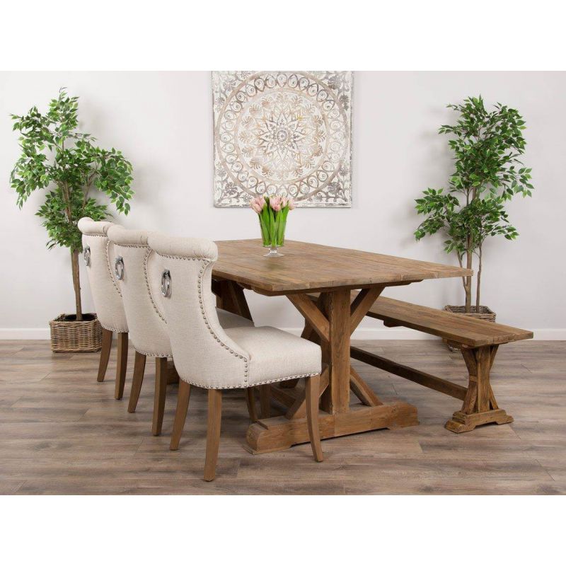 2m Reclaimed Teak Dinklik Dining Table with 1 Backless Bench & 3 Windsor Ring Back Chairs   