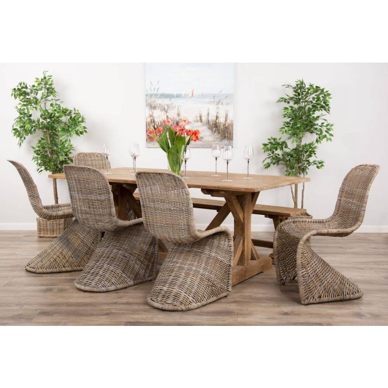 2m Reclaimed Teak Dinklik Dining Table with 1 Backless Bench & 5 Stacking Zorro Chairs   