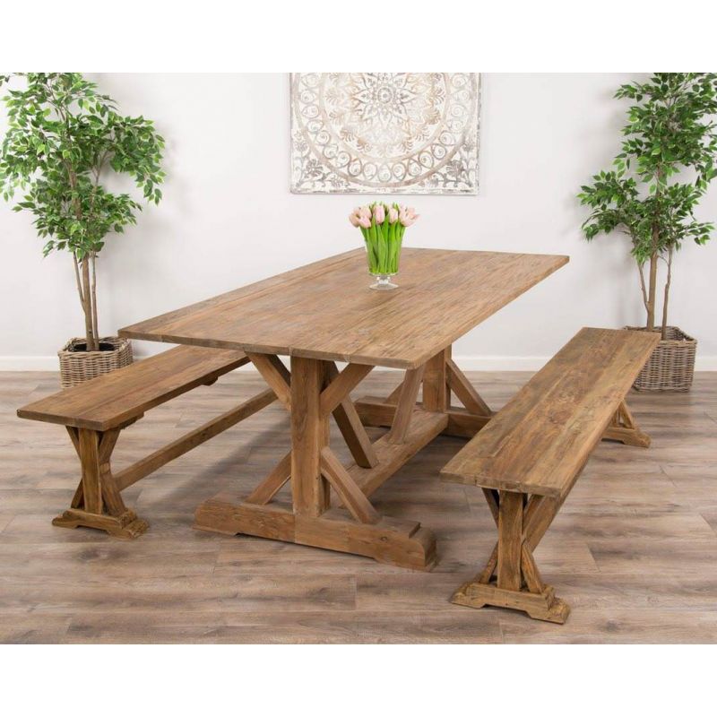 2m Reclaimed Teak Dinklik Dining Table With 2 Backless Benches