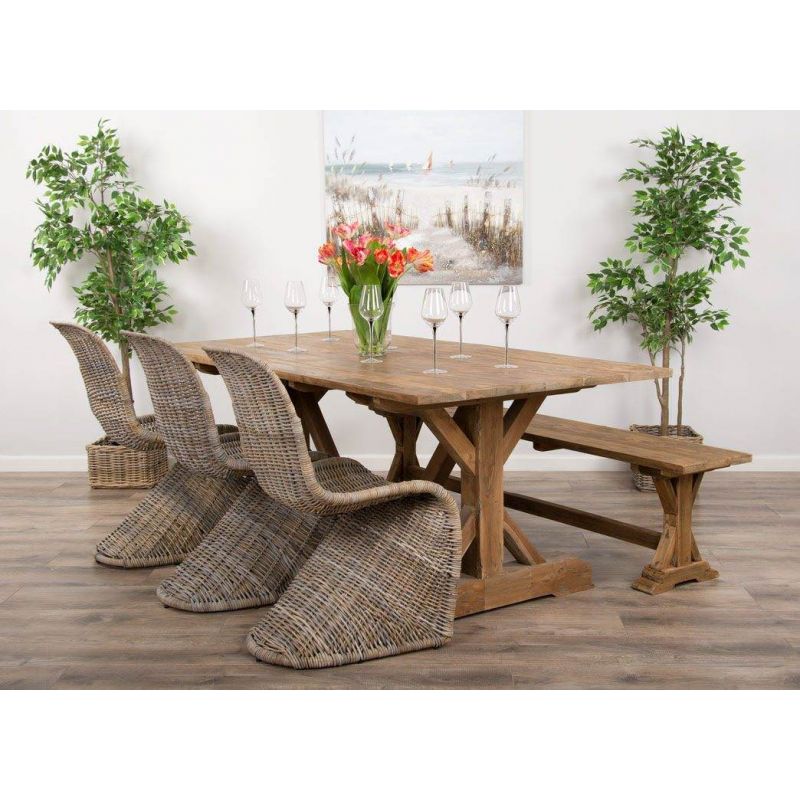 2m Reclaimed Teak Dinklik Dining Table with 1 Backless Bench & 3 Stackable Zorro Chairs   