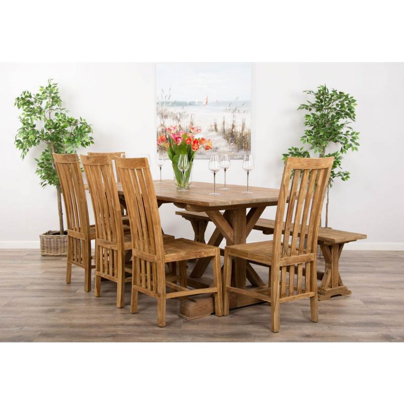 2m Reclaimed Teak Dinklik Dining Table with 1 Backless Bench & 5 Santos Chairs   