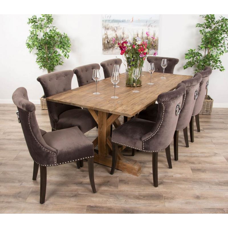 2m Reclaimed Teak Dinklik Dining Table with 8 Velvet Ring Back Chairs   