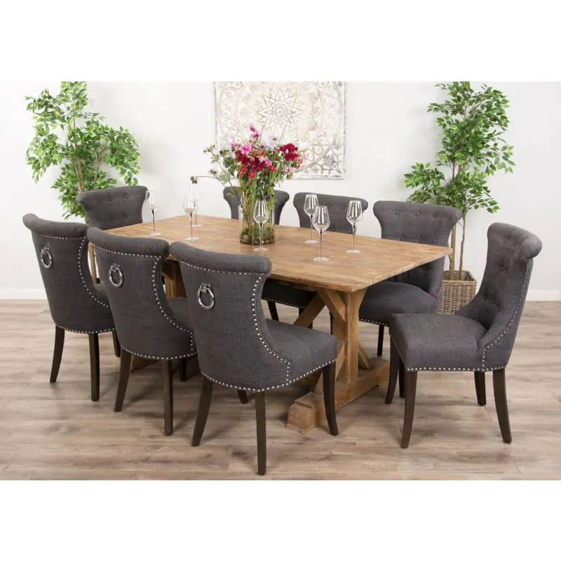 2m Reclaimed Teak Refectory Dining Table with 8 Dove Grey Windsor Ring Back Chairs   