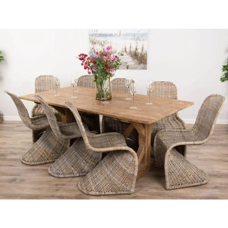 2m Reclaimed Teak Refectory Dining Table with 8 Stackable Zorro Chairs   