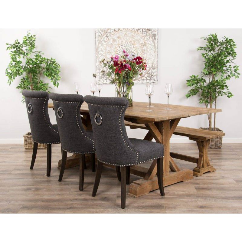 2m Reclaimed Teak Dinklik Dining Table with 1 Backless Bench & 3 Windsor Ring Back Chairs   
