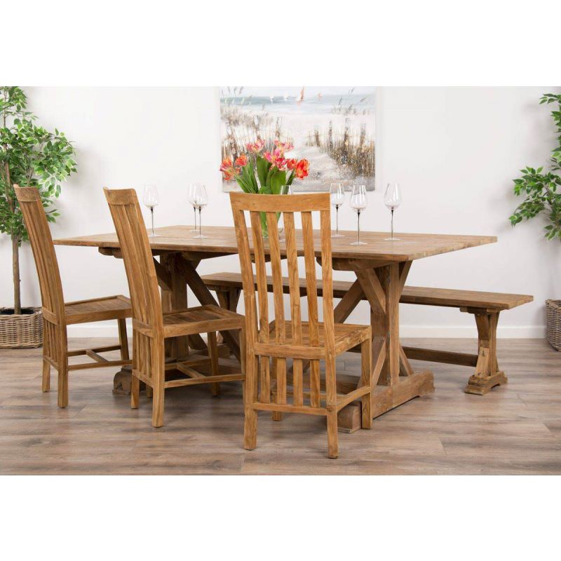 2m Reclaimed Teak Dinklik Dining Table with 1 Backless Bench & 3 Santos Chairs   