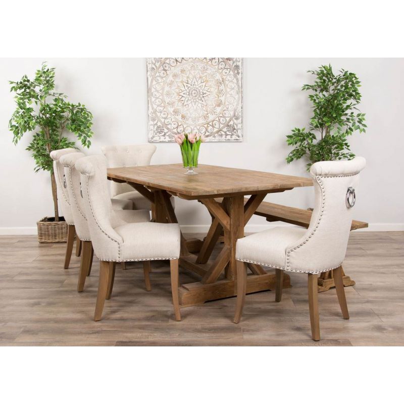 2m Reclaimed Teak Dinklik Dining Table with 1 Backless Bench & 5 Windsor Ring Back Chairs   