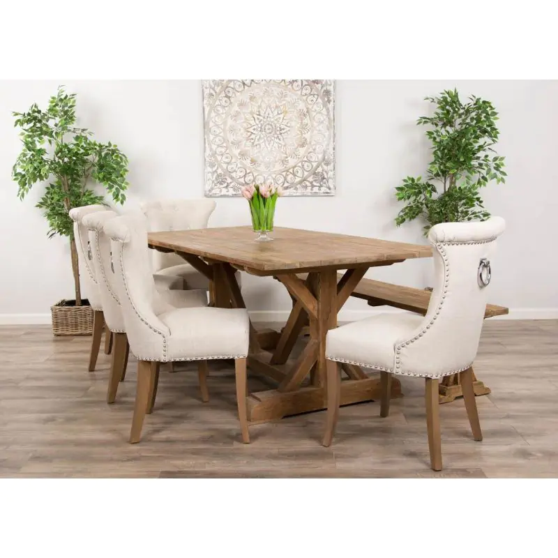 2m Reclaimed Teak Refectory Dining Table with 1 Backless Bench & 5 Windsor Ring Back Chairs   