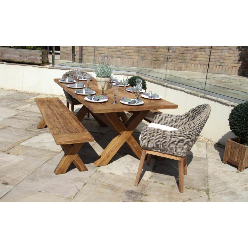 2m Reclaimed Teak Outdoor Open Slatted Cross Leg Table with 2 Backless Benches & 2 Scandi Armchairs