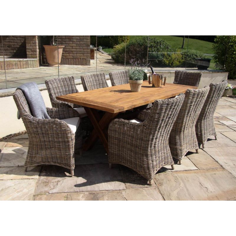 2m Reclaimed Teak Outdoor Open Slatted Cross Leg Table with 8 Donna Armchairs