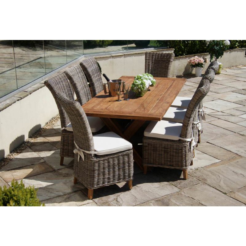 2m Reclaimed Teak Outdoor Open Slatted Cross Leg Table with 8 Latifa Chairs