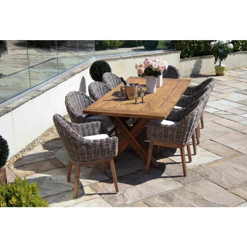 2m Reclaimed Teak Outdoor Open Slatted Cross Leg Table with 8 Scandi Armchairs