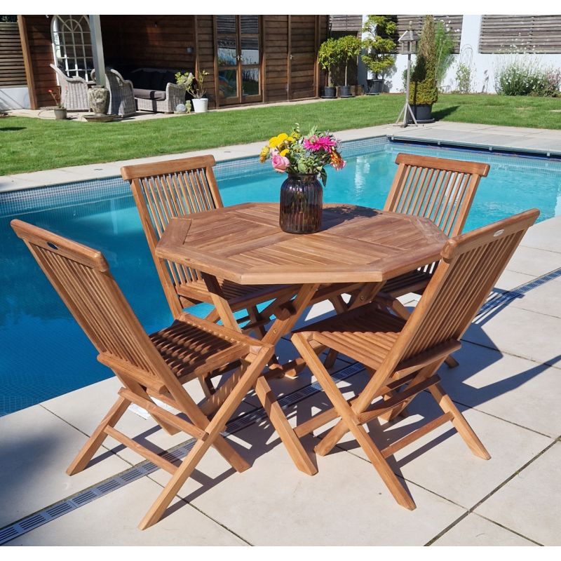 1m Teak Octagonal Folding Table with 4 Classic Folding Chairs / Armchairs