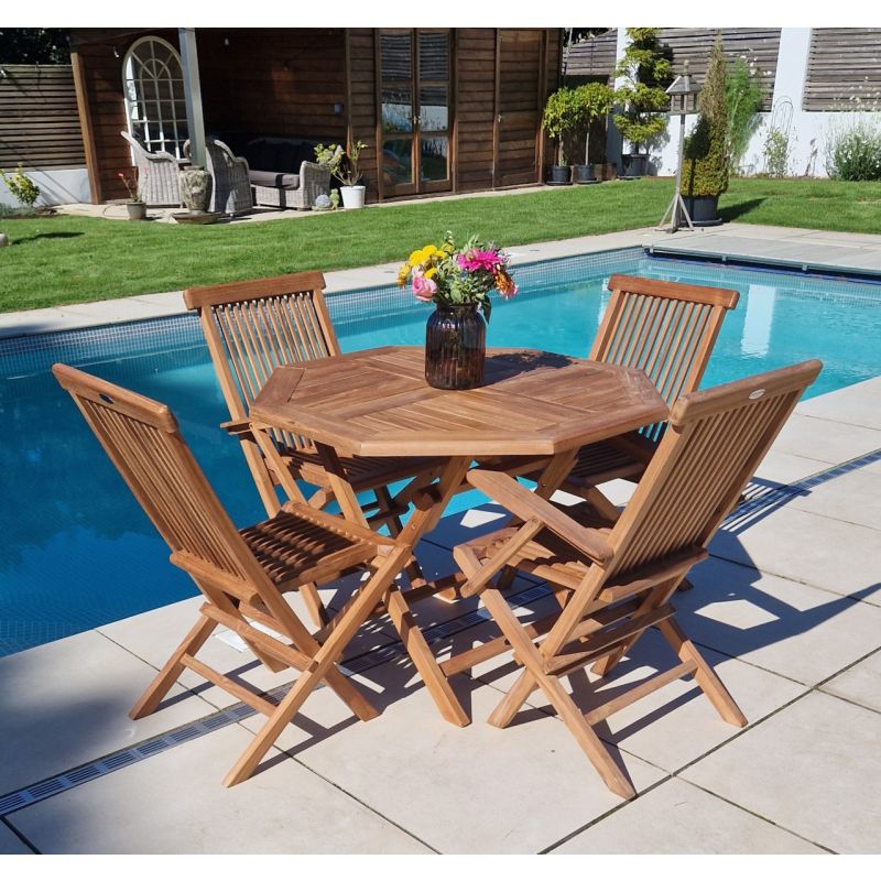 1m Teak Octagonal Folding Table with 2 Classic Folding Chairs & 2 Armchairs