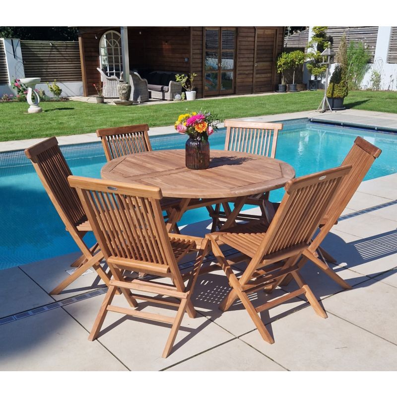 1.2m Teak Circular Folding Table with 6 Classic Folding Chairs