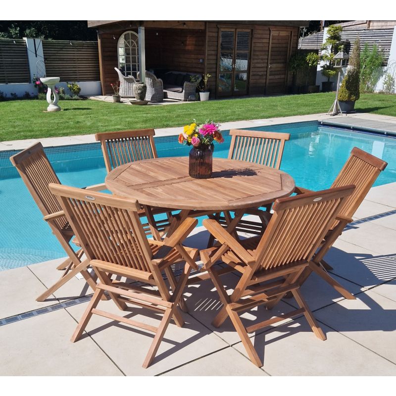 1.2m Teak Circular Folding Table with 6 Classic Folding Armchairs 