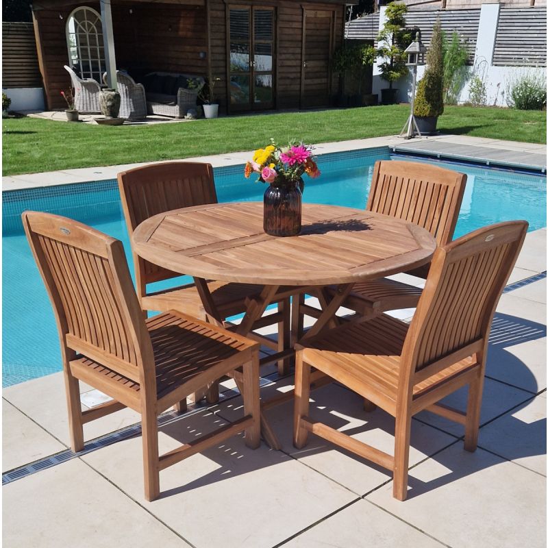 1.2m Teak Circular Folding Table with 4 Marley Chairs