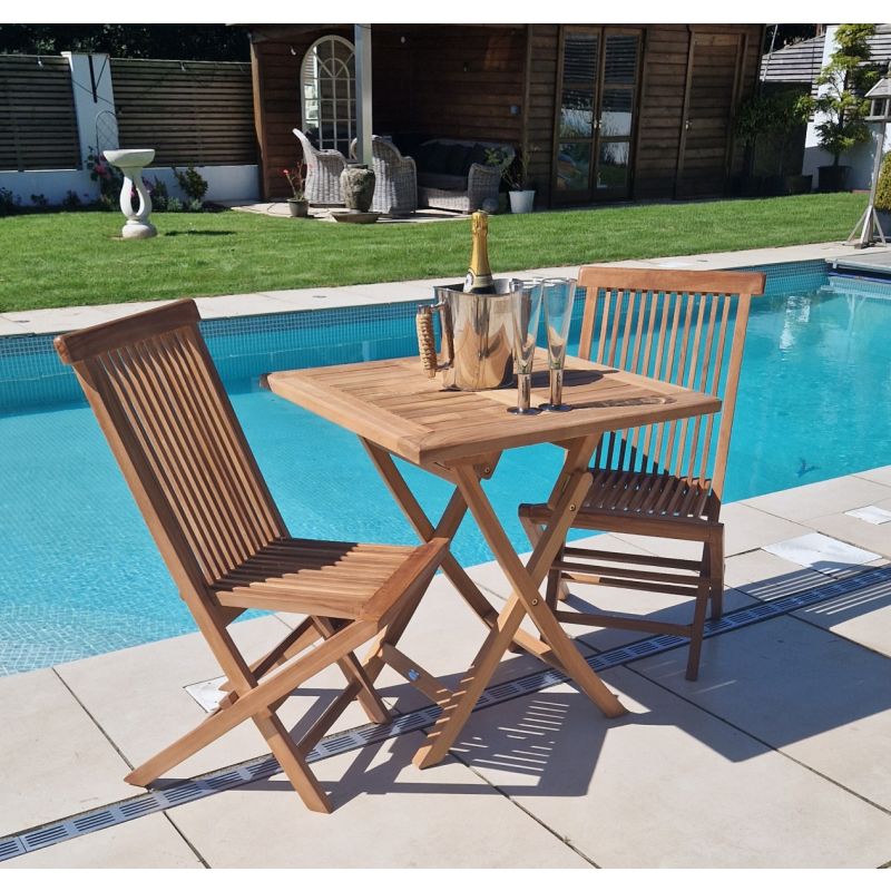 70cm Teak Square Folding Table with 2 Classic Folding Chairs / Armchairs