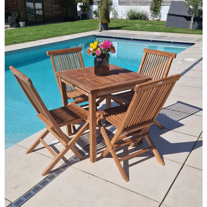 70cm Teak Square Fixed Table with 4 Classic Folding Chairs