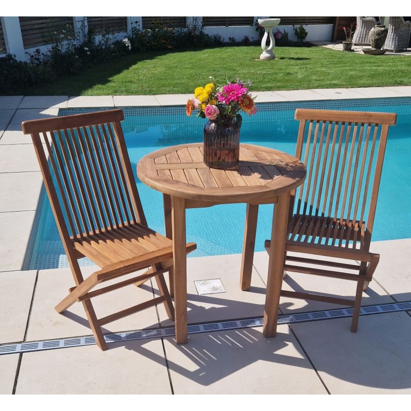 70cm Teak Circular Fixed Table with 2 Classic Folding Chairs / Armchairs
