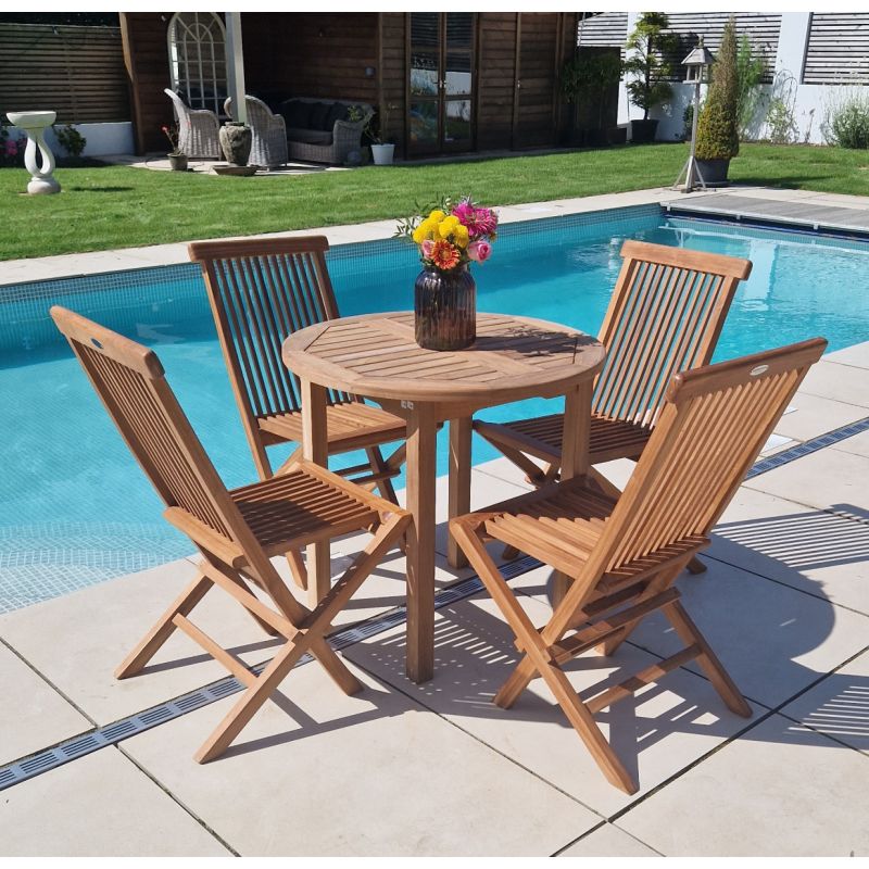 80cm Teak Circular Fixed Table with 4 Classic Folding Chairs / Armchairs
