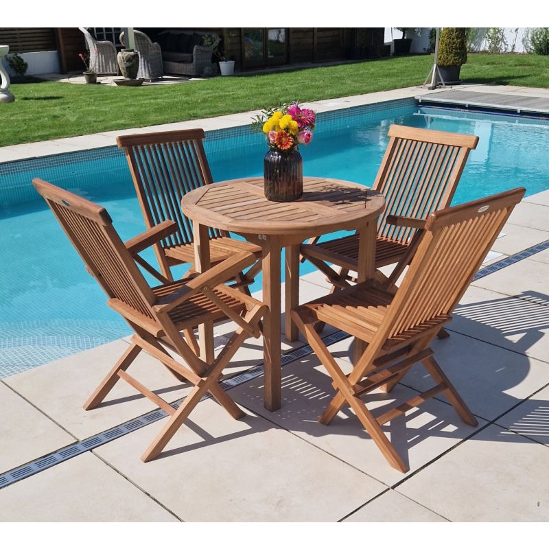 80cm Teak Circular Fixed Table with 2 Classic Folding Chairs & 2 Armchairs