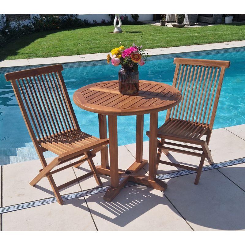 80cm Teak Circular Pedestal Table with 2 Classic Folding Chairs