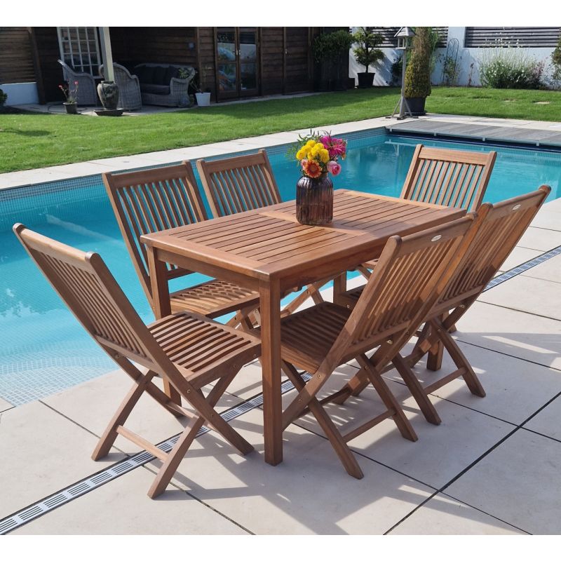 1.2m Teak Rectangular Fixed Table with 6 Kiffa Folding Chairs