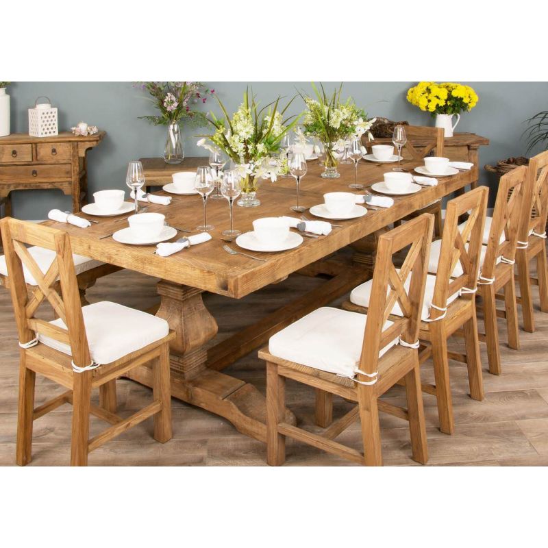 2.4m Reclaimed Elm Pedestal Dining Table with Elm Cross Back Dining Chairs and 1 Bench