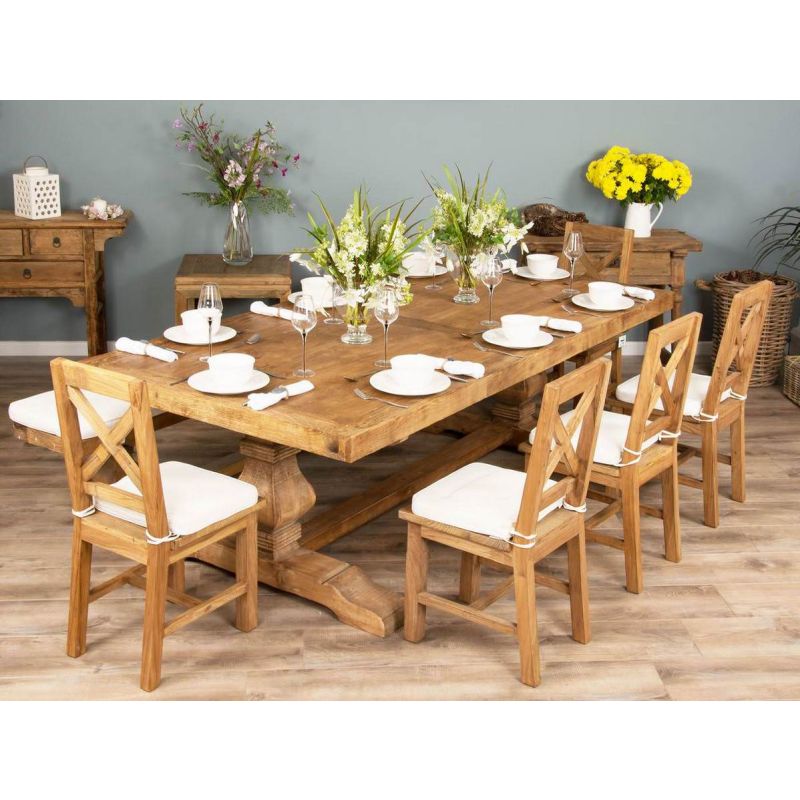 2.4m Reclaimed Elm Pedestal Dining Table with 5 Elm Cross Back Dining Chairs and 1 Bench