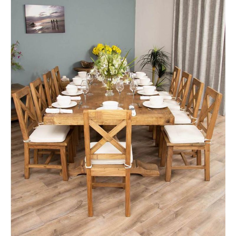 2.4m Reclaimed Elm Pedestal Dining Table with 10 Cross Back Dining Chairs 