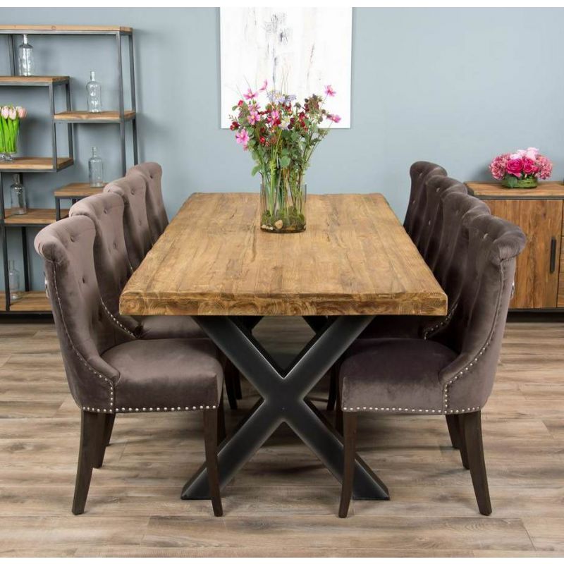 2.4m Reclaimed Teak Urban Fusion Cross Dining Table with 8 Velveteen Ring Back Dining Chairs 