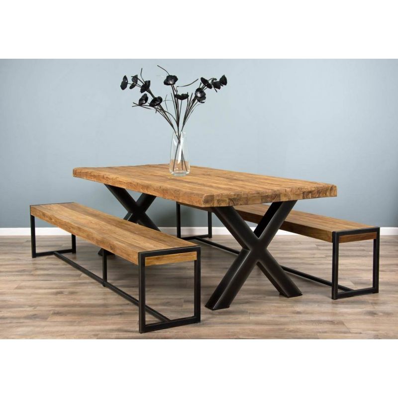 2.4m Reclaimed Teak Urban Fusion Cross Dining Table with Two Backless Benches 