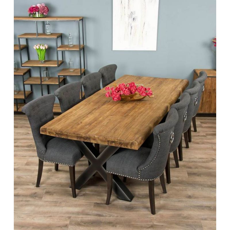2.4m Reclaimed Teak Urban Fusion Cross Dining Table with 8 Dove Grey Windsor Ring Back Dining Chairs