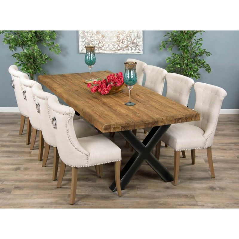 2.4m Reclaimed Teak Urban Fusion Cross Dining Table with 8 Natural Windsor Ring Back Dining Chairs 