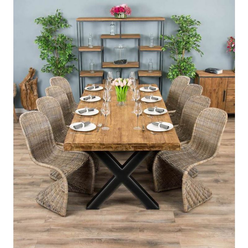 2.4m Reclaimed Teak Urban Fusion Cross Dining Table with 8 Stackable Zorro Chairs 